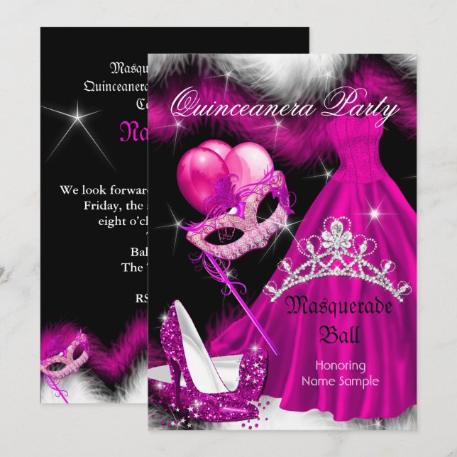 MasqueraQuinceanera Födelsedagsfest Rosa 3a Inbjudningar (Fram/baksida)