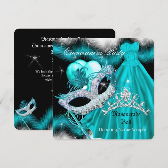MasqueraQuinceanera Födelsedagsfest Teal 2 Inbjudningar (Fram/baksida)