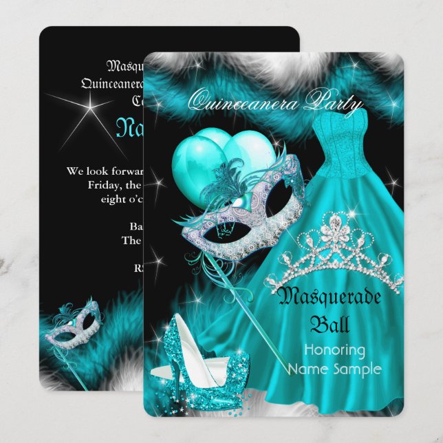 MasqueraQuinceanera Födelsedagsfest Teal 3a Inbjudningar (Fram/baksida)