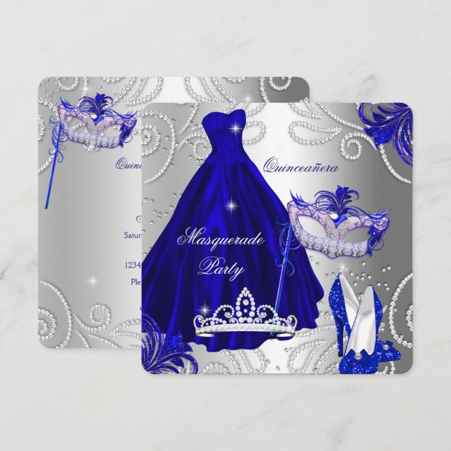 MasqueraQuinceanera Party Blue Silver Dress Inbjudningar (Fram/baksida)
