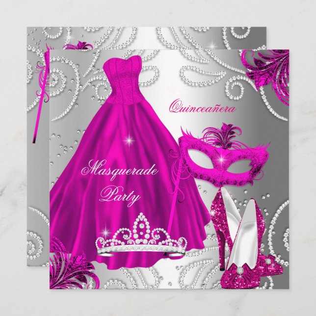MasqueraQuinceanera Party Rosa Silver Dress Inbjudningar (Fram/baksida)