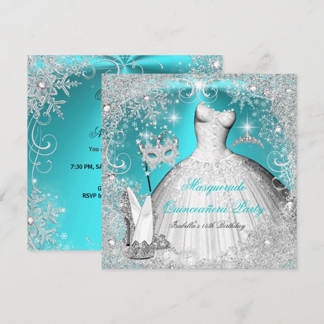 MasqueraQuinceanera Party Teal White Snowflake Inbjudningar (Fram/baksida)