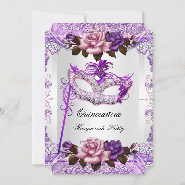 MasqueraQuinceanera Silver Rosa Lila Ro Inbjudningar (Framsida)