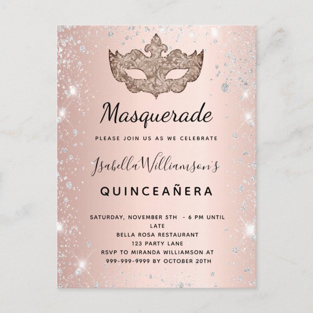Masqueraro guld silver glitter Quinceanera Inbjudan Vykort (Framsida)