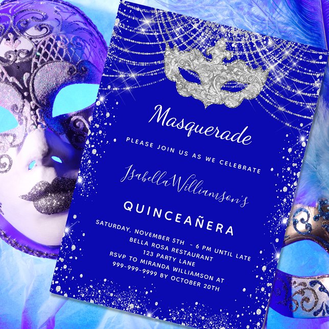 Masqueraroyal blue silver Quinceanera party Inbjudningar (Skapare uppladdad)