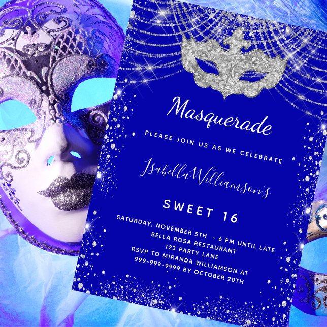 Masqueraroyal blue silver Sweet 16 party Inbjudningar (Skapare uppladdad)