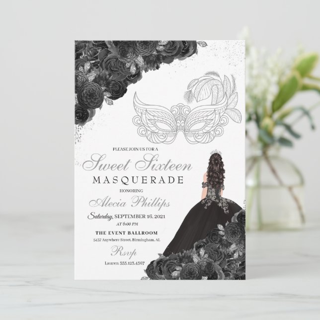 MasqueraSilver Black Princess Dress Birthday Inbjudningar (Stående Fram)