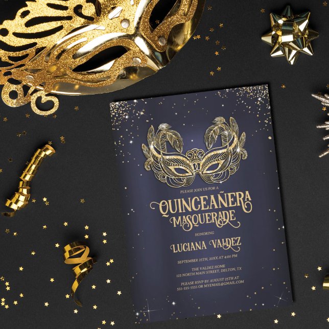 MasqueraSparkly Guld Glitter Blue Quinceañera Inbjudningar (Skapare uppladdad)