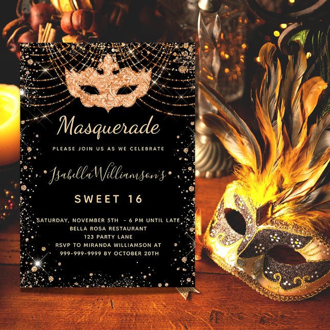 Masquerasvart damm från guld glitter Sweet 16 Inbjudningar (Skapare uppladdad)