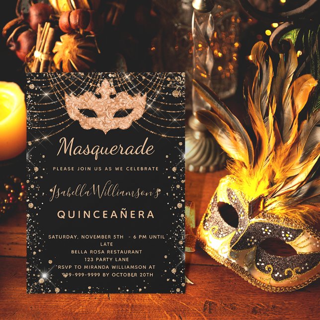 Masquerasvart guld glitter Quinceanera lyxury Inbjudningar (Skapare uppladdad)