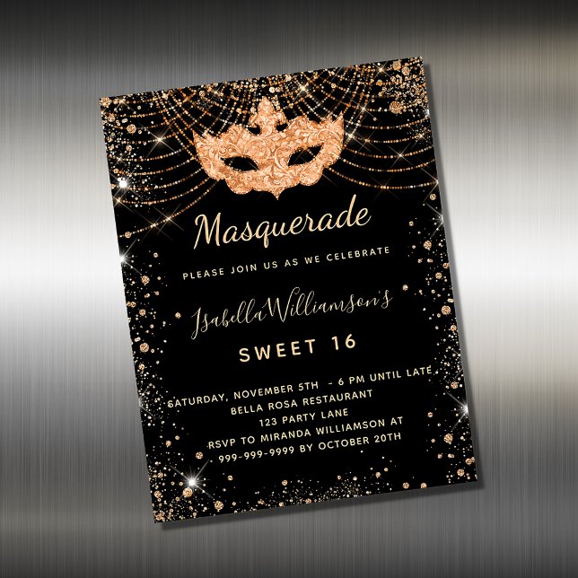 Masquerasvart guld Sweet 16 inbjudningsmagnet (Skapare uppladdad)