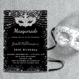 Masquerasvart silver lyxolja födelsedagsfest inbjudningar