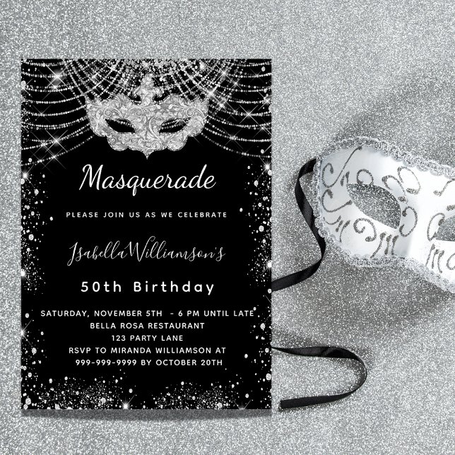 Masquerasvart silver lyxolja födelsedagsfest inbjudningar (Skapare uppladdad)