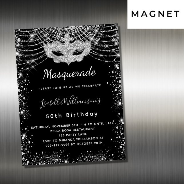 Masquerasvart silver lyxolja födelsedagsfest magnetisk inbjudningskort (Skapare uppladdad)