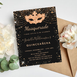 Masquerasvart stoft av guld glitter Quinceanera Inbjudan Vykort