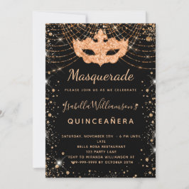 Masquerasvart stoft av guld glitter Quinceanera Inbjudningar