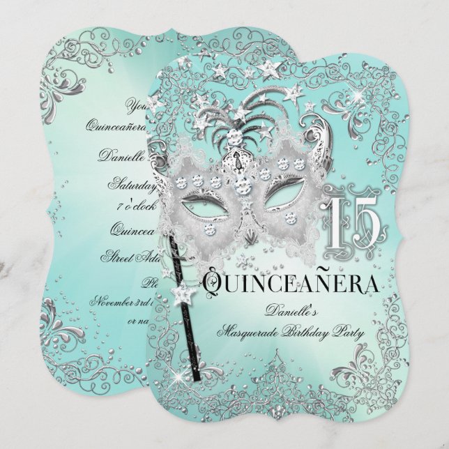 MasqueraTeal Silver Quinceanera Birthday Inbjudan (Fram/baksida)