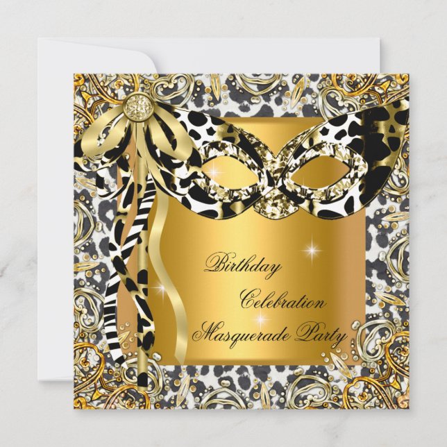 MasqueraVild Black White Guld Mask Birthday Inbjudningar (Framsida)