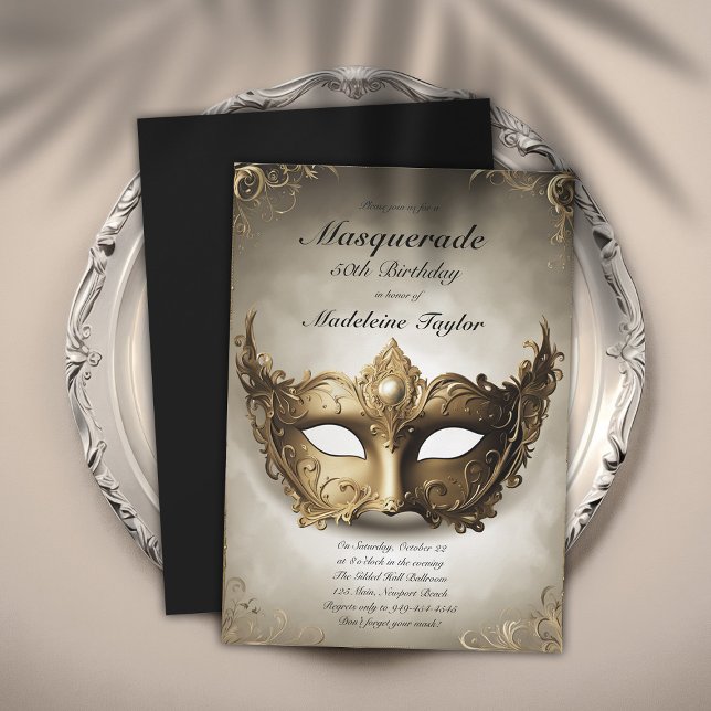 Masquuppad Antique Guld Venedig Mask 50:e födelsed Inbjudningar (masquerade 50th birthday party invitation glamorous antique gold venetian mask elegant modern classy)