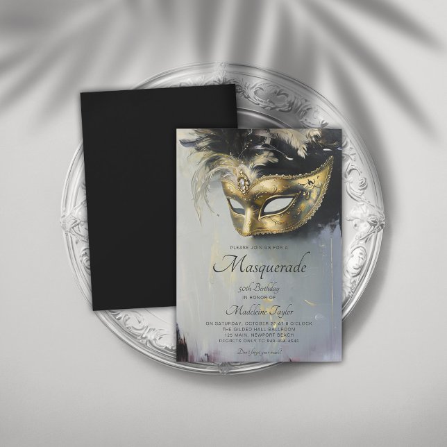 Masquuppad Black Guld Mask Oil Art. 50:e födelseda Inbjudningar (masquerade 50th birthday party invitation glamorous gold black venetian mask elegant modern)
