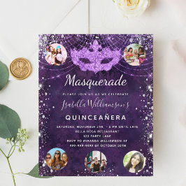 Masquuppad lila Quinceanera budgetinbjudan Flygblad