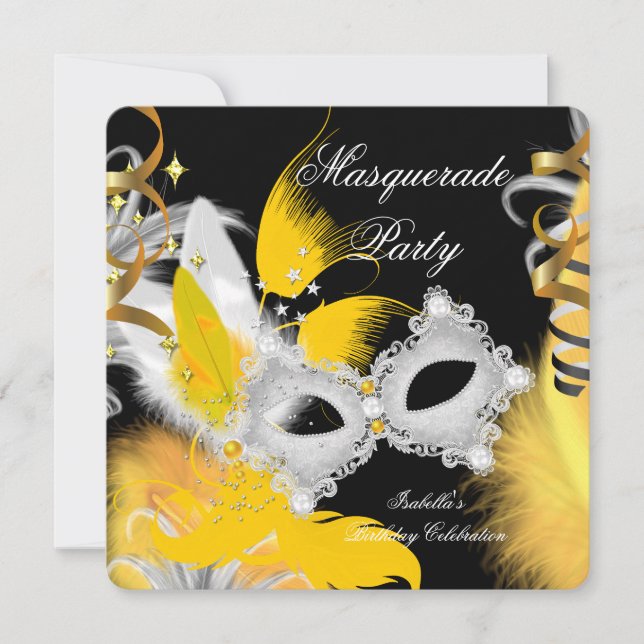Masquuppad Party Birthday Gult Mask White Black Inbjudningar (Framsida)