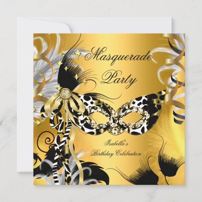 Masquuppad Party Birthday Vild Mask Black Guld Inbjudningar (Framsida)