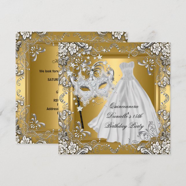Masquuppad Quinceanera 15:e födelsedagsmask Guld Inbjudningar (Fram/baksida)