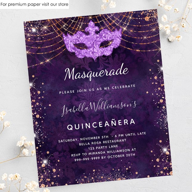 Masquuppad Quinceanera lila budget inbjudan Flygblad (Skapare uppladdad)