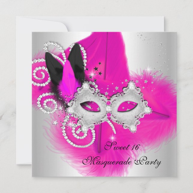 Masquuppad Sweet 16 Shock rosa Black Feather Mask Inbjudningar (Framsida)