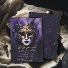 Masquuppad Venetian Mask Guld Lila 50:e födelsedag Inbjudningar