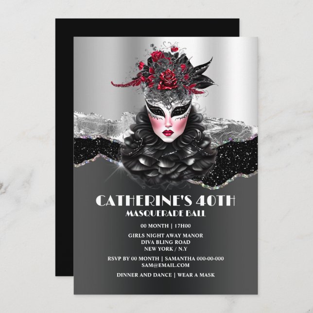 Masquuppade boll tjejer födelsedag elegant glam ma inbjudningar (Fram/baksida)