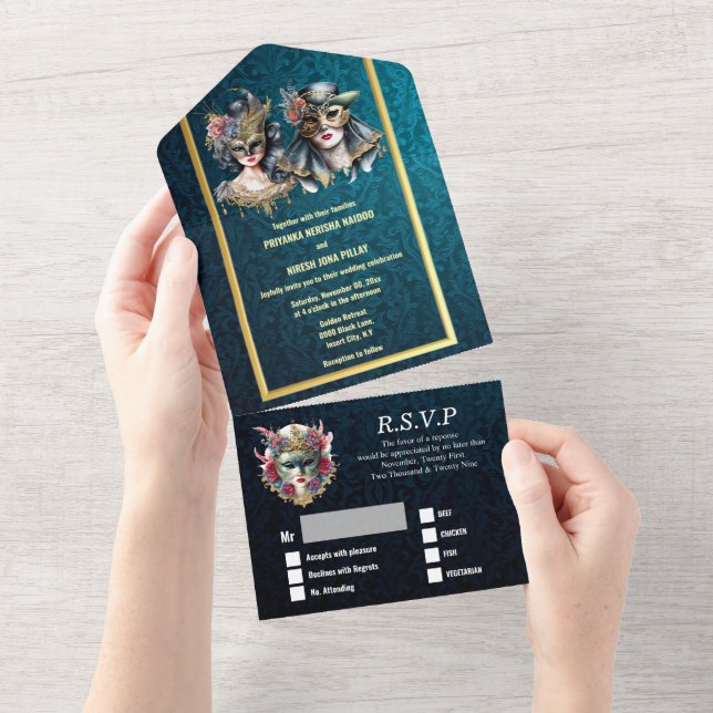 Masquupperad bröllop blå damm guld maskerkolvar (Avrivbar del)