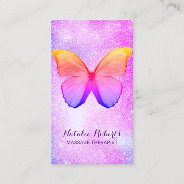 Massabehandling Modern Rainbow Glitter Butterfly Visitkort (Framsida)