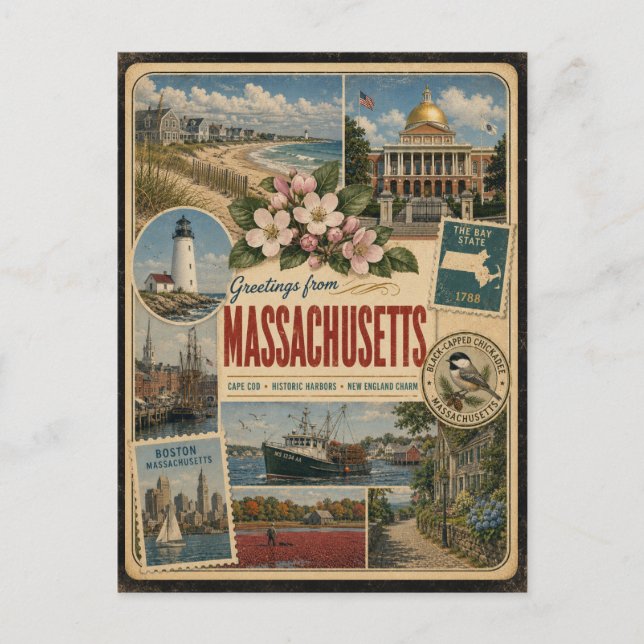 Massachusetts Äkta Vintage Stil Vykort (Framsida)