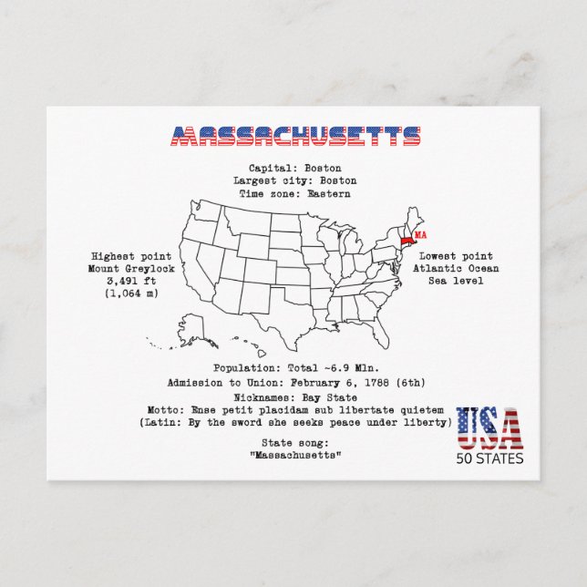 Massachusetts American State på en karta och närma Helg Vykort (Framsida)