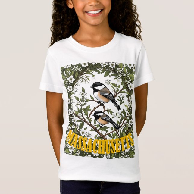Massachusetts Black caps Chickadee and Mayblommor T Shirt (Framsida)
