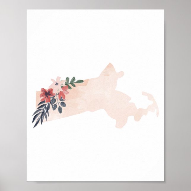 Massachusetts Blommigt Watercolor State Poster (Framsidan)