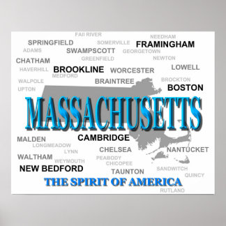 Massachusetts Cities och Städer State Pride Karta Poster