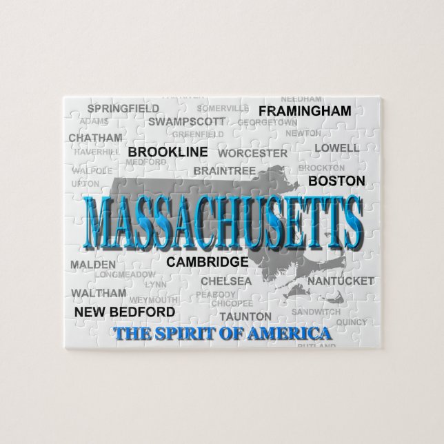 Massachusetts Cities och Städer State Pride Karta Pussel (Horisontell)