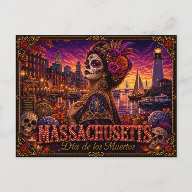 Massachusetts Día de los Muertos Retro Vykort (Framsida)