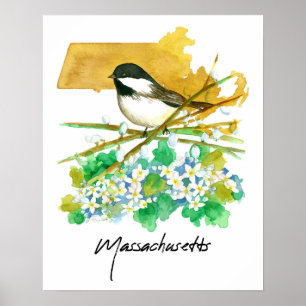 Massachusetts Fågel Chickadee Pilvide Grenar Poster