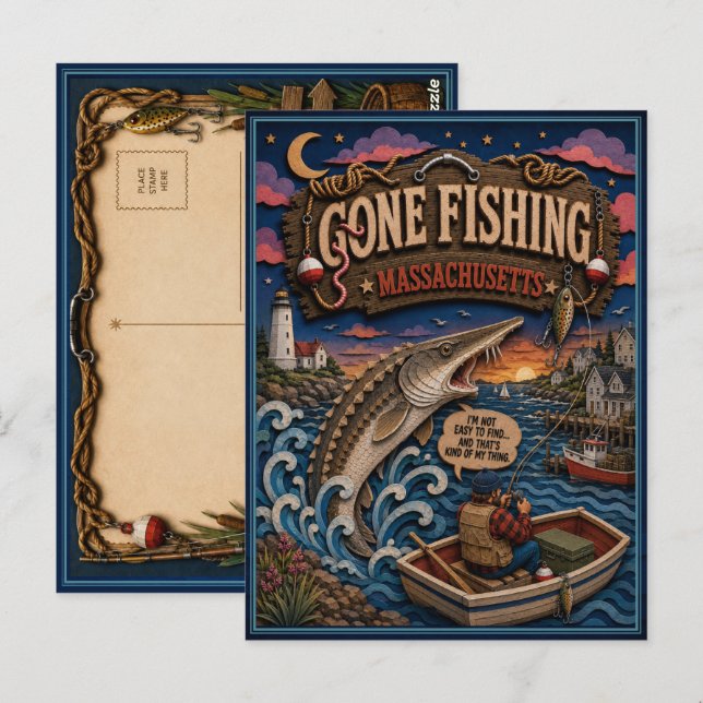Massachusetts Gone Fishing Atlantisk Stör Vykort (Fram/baksida)