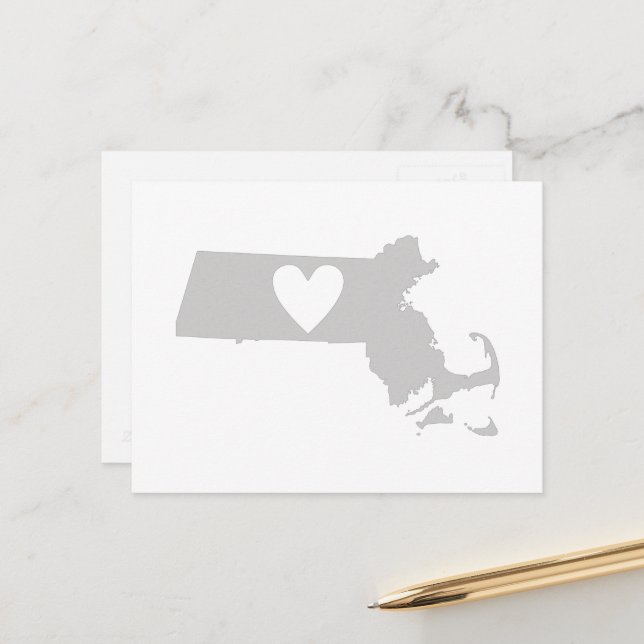 Massachusetts Grått State Karta Shape with Heart Vykort (Fram/Back In Situ)