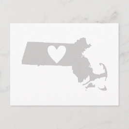 Massachusetts Grått State Karta Shape with Heart Vykort