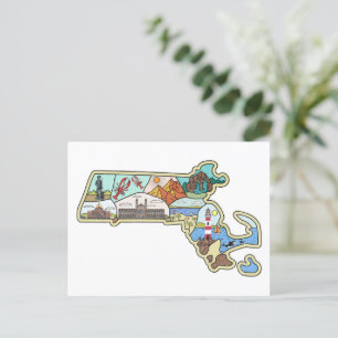 Massachusetts Karta Boston Cape Cod Salem Souvenir Vykort
