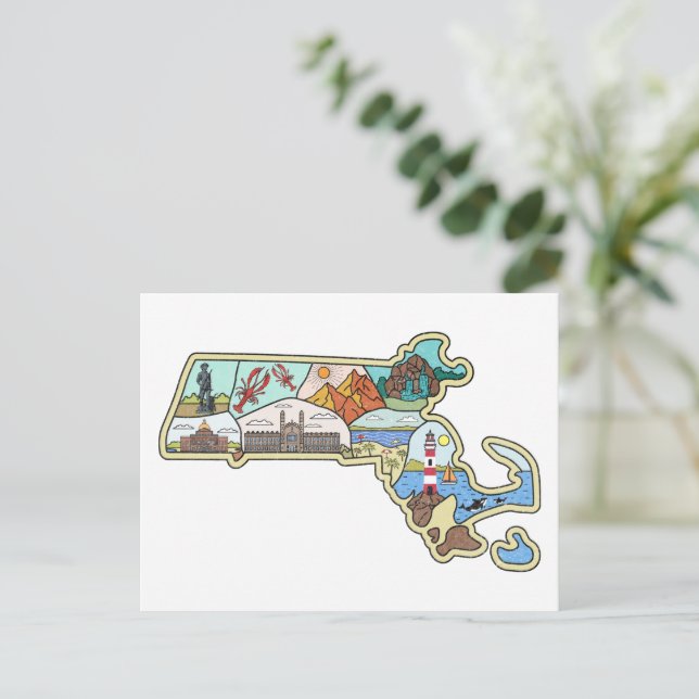 Massachusetts Karta Boston Cape Cod Salem Souvenir Vykort (Stående Fram)