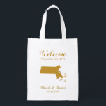 Massachusetts Karta Bröllop Welcome Bag Tote, Guld Återanvändbar Påse<br><div class="desc">Bröllop helg välkomnar presentpåsen för gäster från stan till bröllop,  med en bild av Massachusetts,  med hjärta som du kan ha ställe på exakt plats. Fyll i tote med dina favoritvaror.</div>