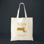 Massachusetts Karta Bröllop Welcome Bag Tote, Guld Tygkasse<br><div class="desc">Bröllop helg hälsar på och hälsar på med presentsäcken från stadens gäster till bröllop,  med en bild av Massachusetts,  med hjärta som du kan ha ställe på exakt plats. Fyll i toa med dina favoritgodis.</div>