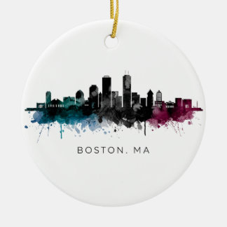 Massachusetts konst | Boston MA Siluett Vattenfärg Julgransprydnad Keramik